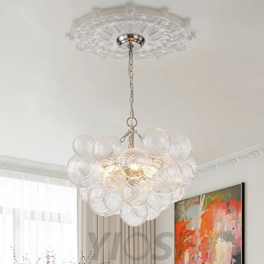 Brass Cluster Ribbed Glass Globe Bubble Chandelier