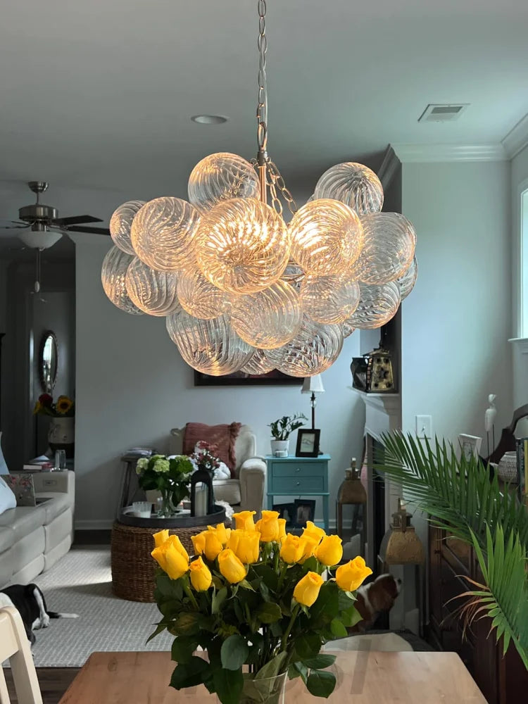 Brass Cluster Ribbed Glass Globe Bubble Chandelier