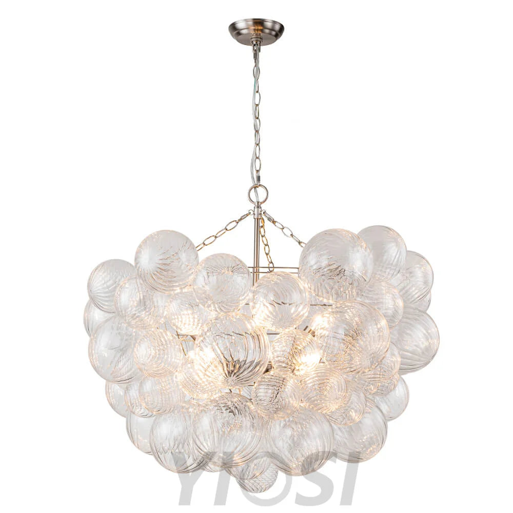 Brass Cluster Ribbed Glass Globe Bubble Chandelier