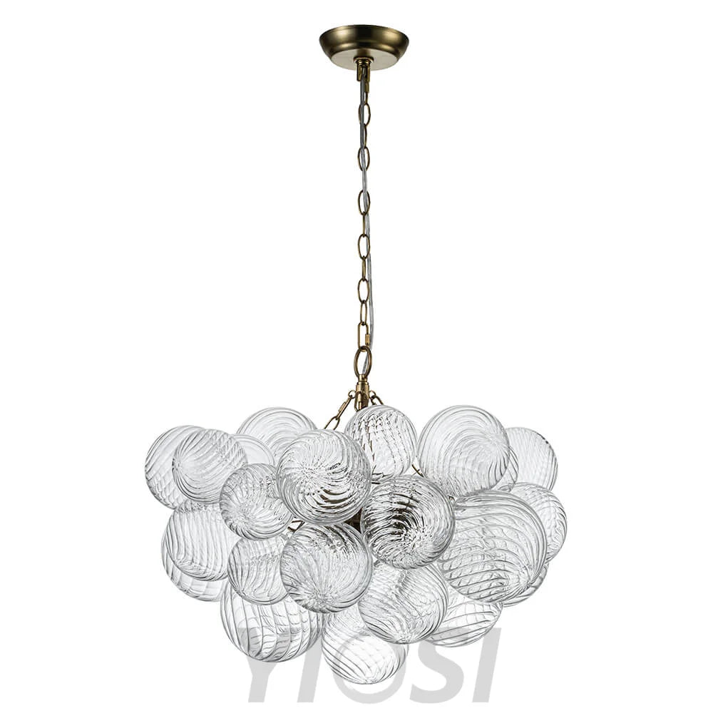 Brass Cluster Ribbed Glass Globe Bubble Chandelier