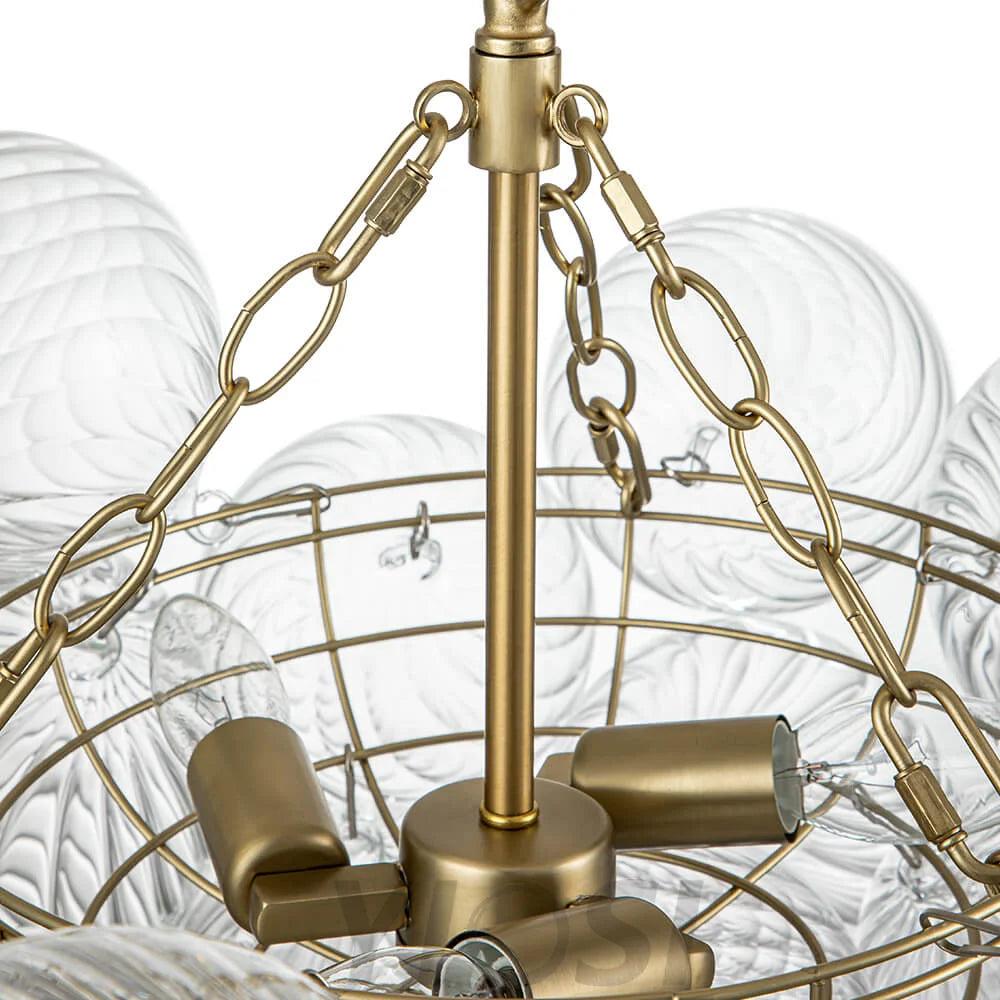 Brass Cluster Ribbed Glass Globe Bubble Chandelier