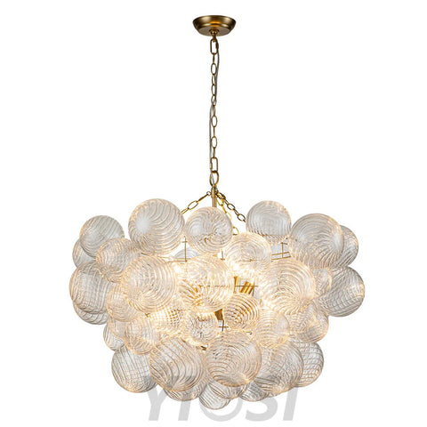 Brass Cluster Ribbed Glass Globe Bubble Chandelier