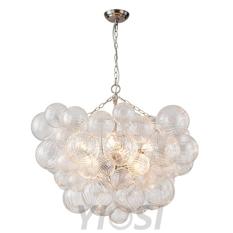 Brass Cluster Ribbed Glass Globe Bubble Chandelier