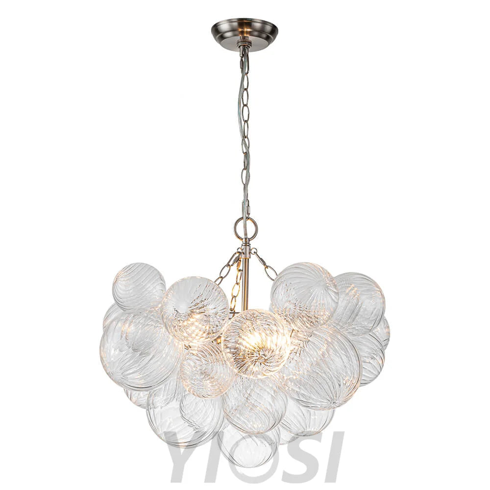 Brass Cluster Ribbed Glass Globe Bubble Chandelier