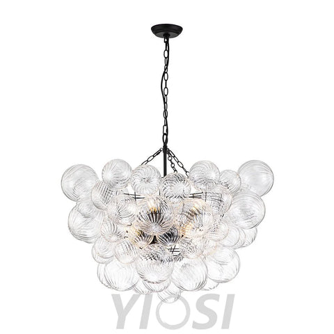 Brass Cluster Ribbed Glass Globe Bubble Chandelier