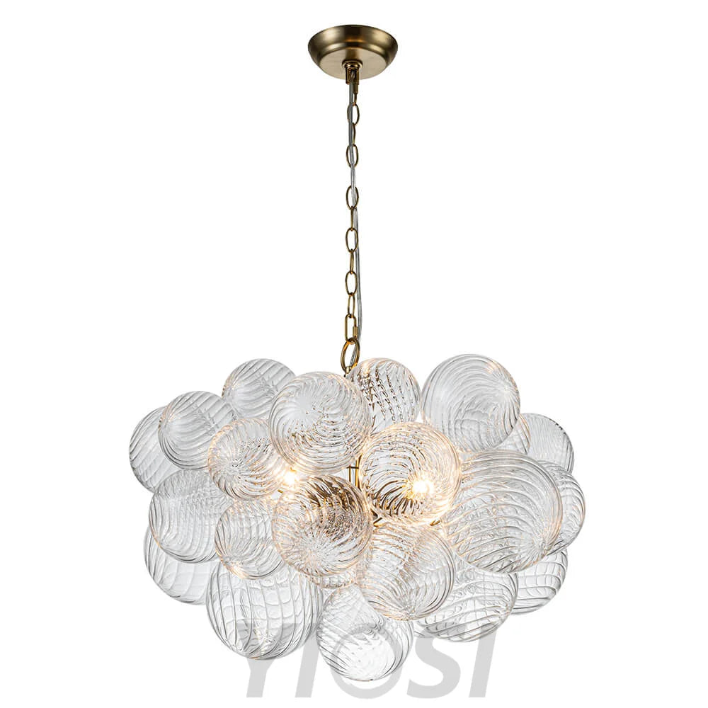 Brass Cluster Ribbed Glass Globe Bubble Chandelier