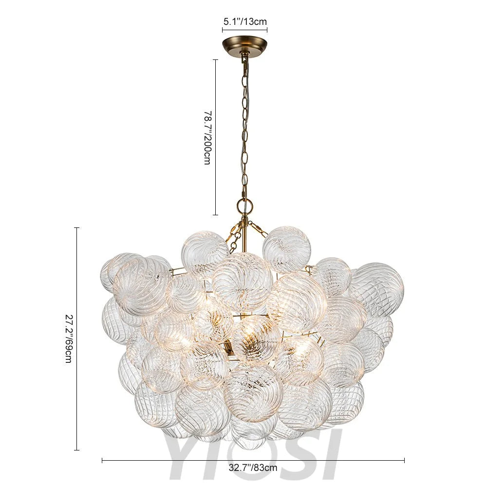 Brass Cluster Ribbed Glass Globe Bubble Chandelier