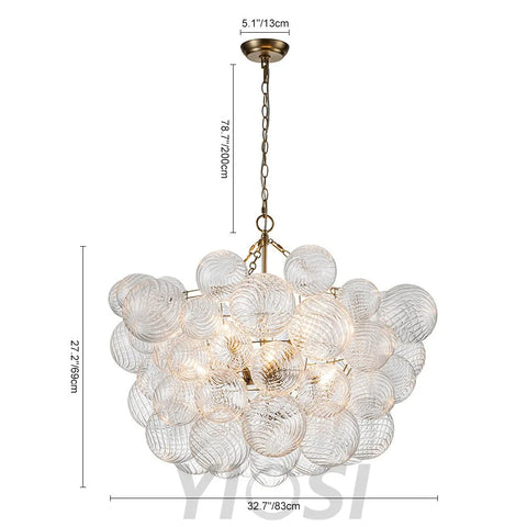 Brass Cluster Ribbed Glass Globe Bubble Chandelier