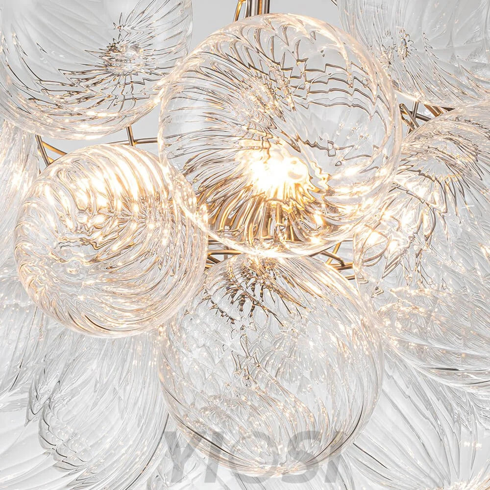 Brass Cluster Ribbed Glass Globe Bubble Chandelier