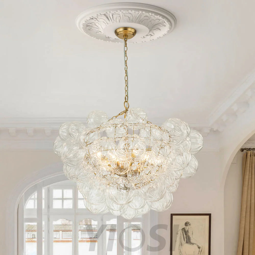 Brass Cluster Sculpture Texture Glass Globe Bubble Chandelier