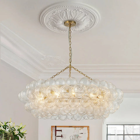 Brass Halo Ribbed Glass Globe Bubble Ring Chandelier 12-Lt