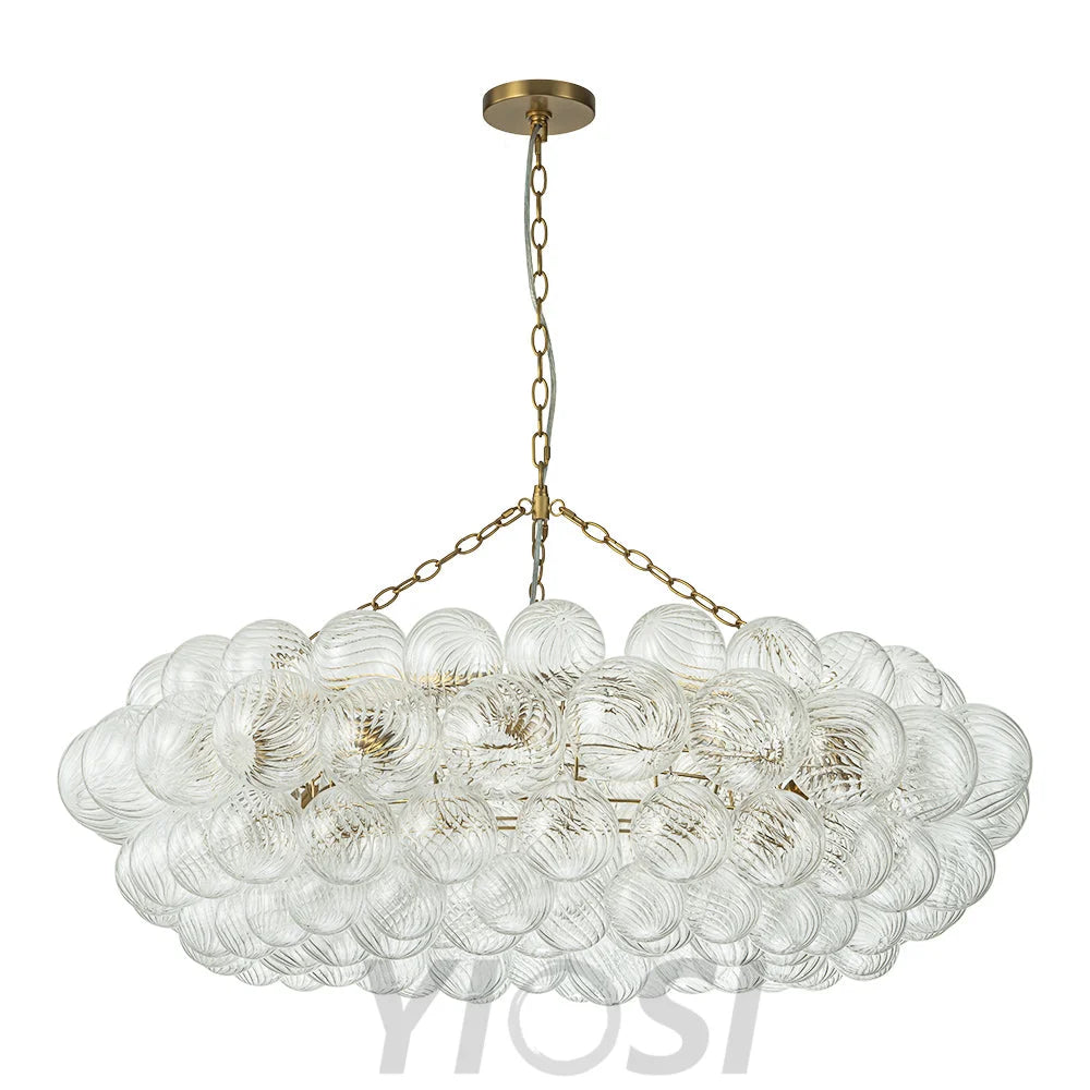 Brass Halo Ribbed Glass Globe Bubble Ring Chandelier