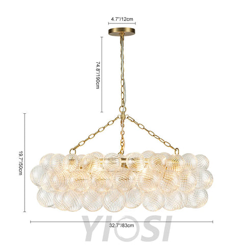 Brass Halo Ribbed Glass Globe Bubble Ring Chandelier