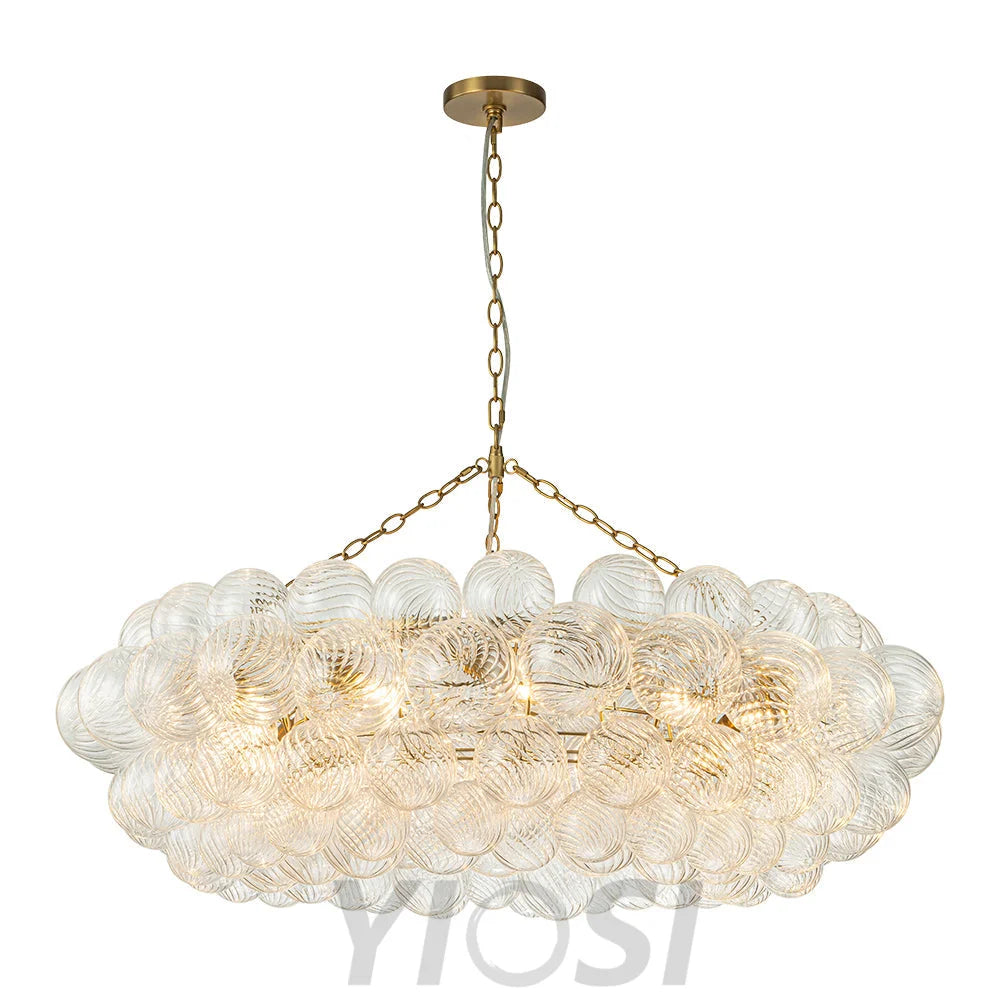 Brass Halo Ribbed Glass Globe Bubble Ring Chandelier