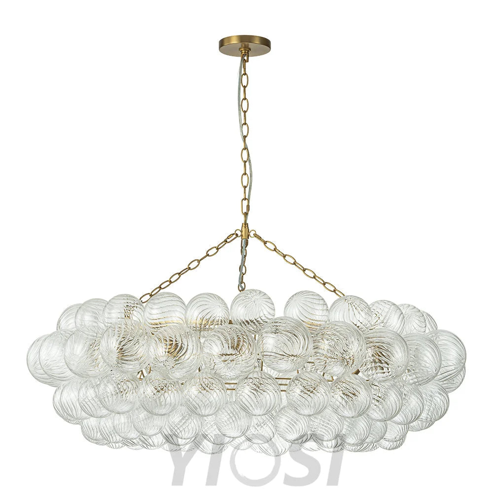 Brass Halo Ribbed Glass Globe Bubble Ring Chandelier