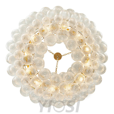 Brass Halo Ribbed Glass Globe Bubble Ring Chandelier