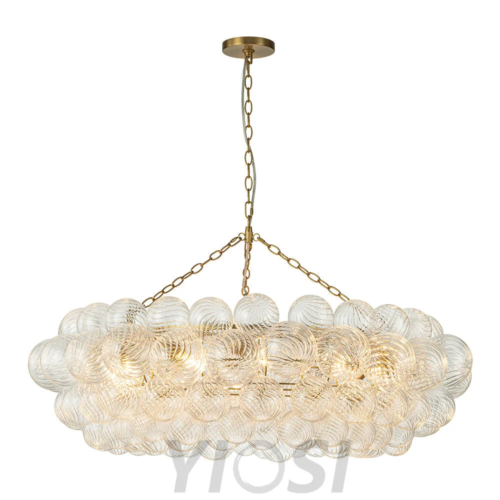 Brass Halo Ribbed Glass Globe Bubble Ring Chandelier