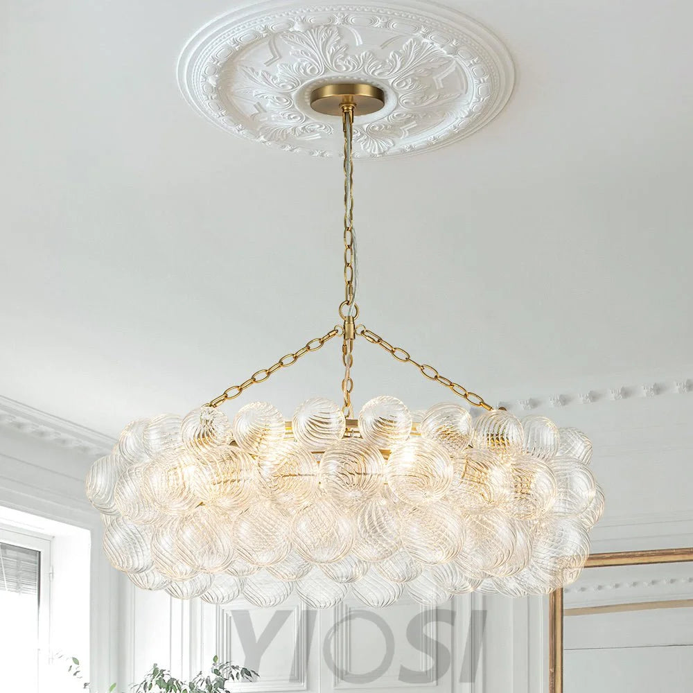 Brass Halo Ribbed Glass Globe Bubble Ring Chandelier