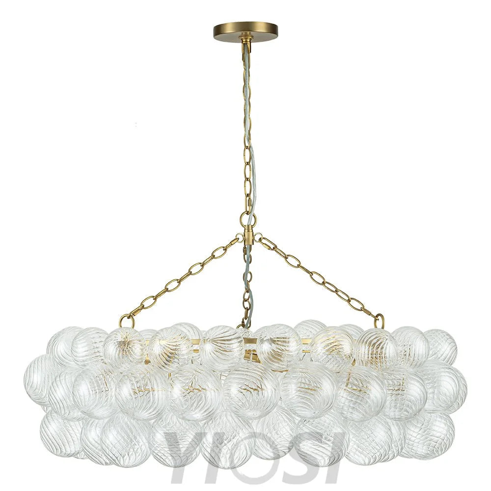 Brass Halo Ribbed Glass Globe Bubble Ring Chandelier