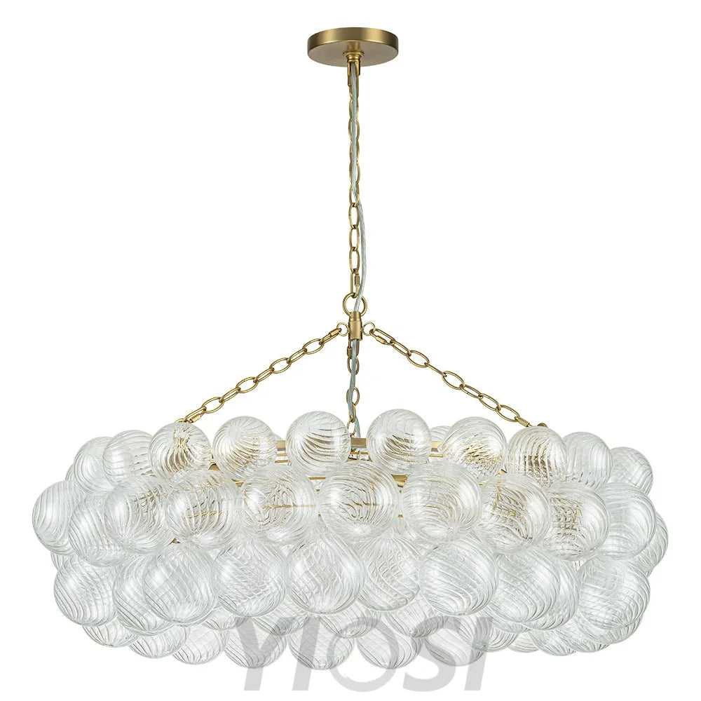 Brass Halo Ribbed Glass Globe Bubble Ring Chandelier