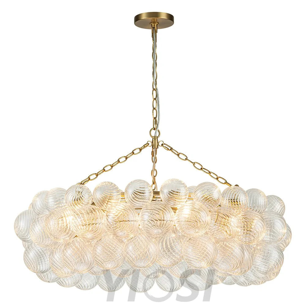 Brass Halo Ribbed Glass Globe Bubble Ring Chandelier