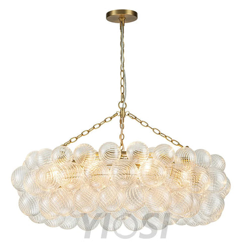 Brass Halo Ribbed Glass Globe Bubble Ring Chandelier