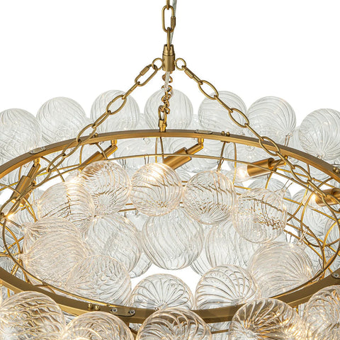 Brass Halo Ribbed Glass Globe Bubble Ring Chandelier