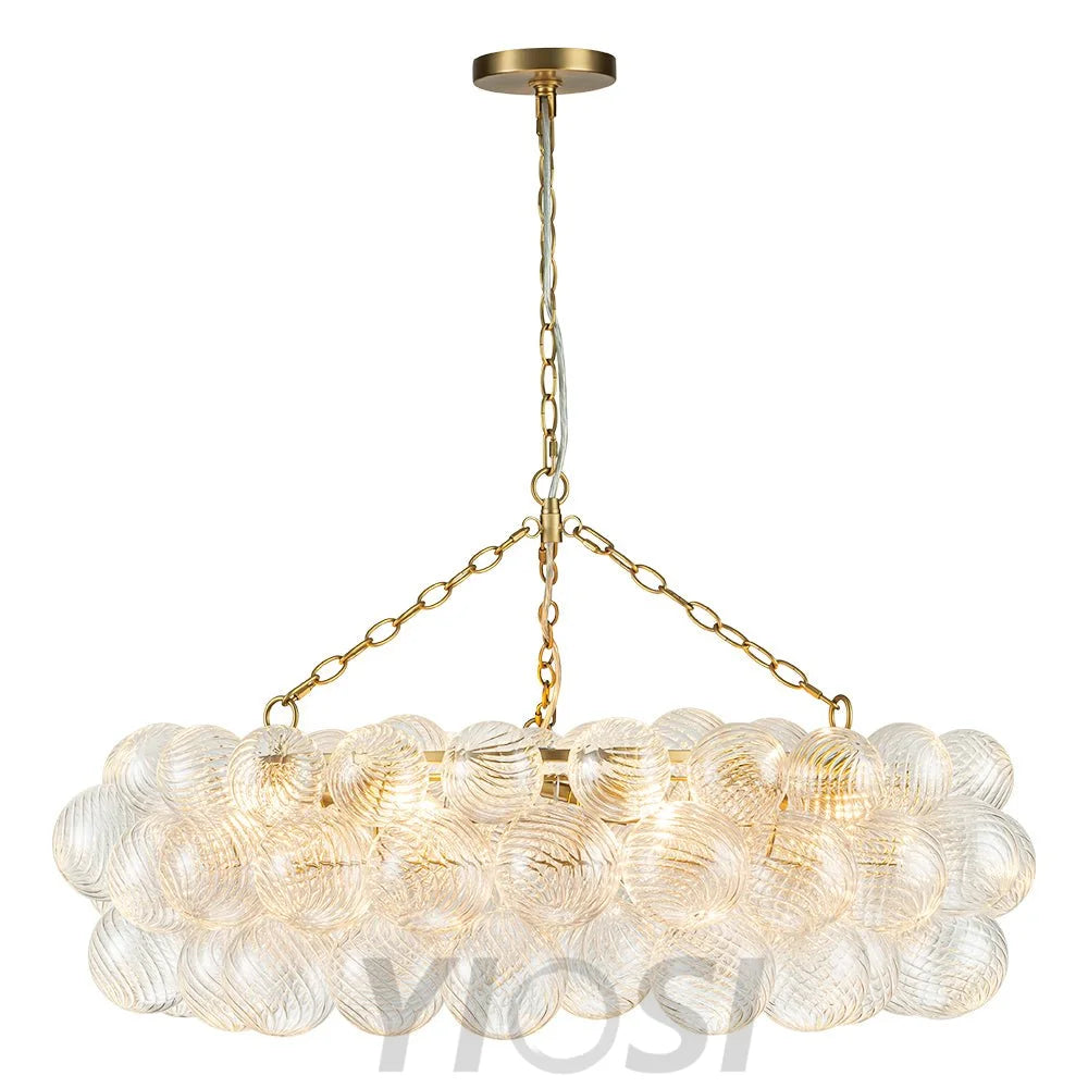 Brass Halo Ribbed Glass Globe Bubble Ring Chandelier