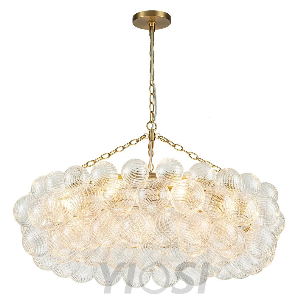 Brass Halo Ribbed Glass Globe Bubble Ring Chandelier