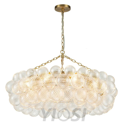 Brass Halo Ribbed Glass Globe Bubble Ring Chandelier