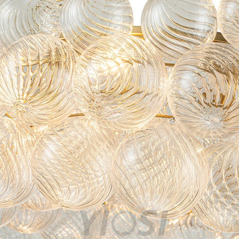 Brass Halo Ribbed Glass Globe Bubble Ring Chandelier