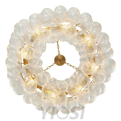 Brass Halo Ribbed Glass Globe Bubble Ring Chandelier