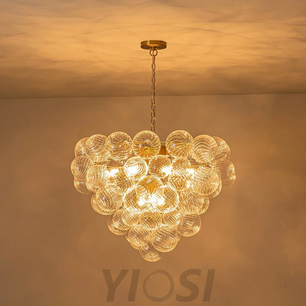 Glam Brass Cluster Ribbed Glass Globe Bubble Chandelier