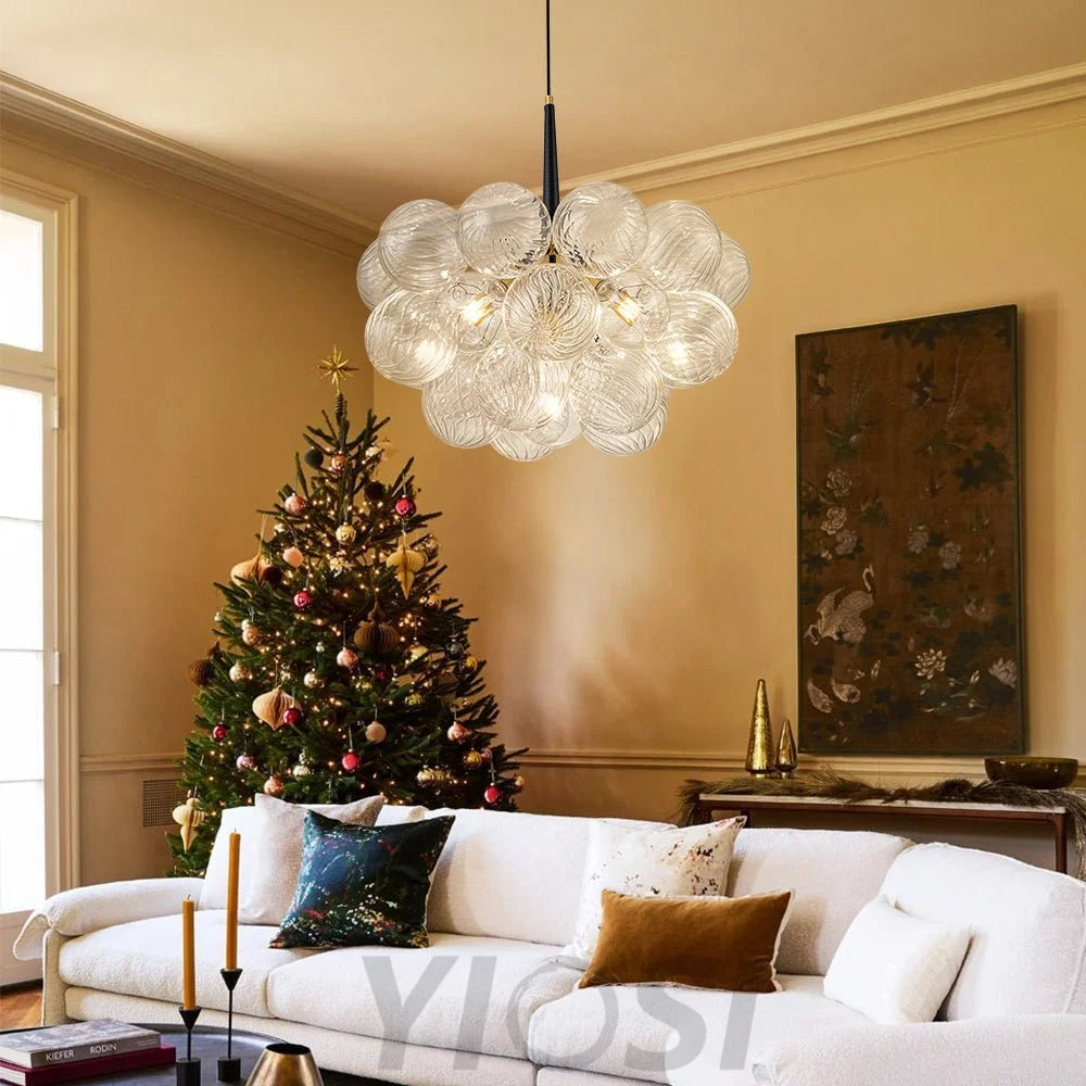 Modern Cluster Ribbed Glass Globe Bubble Chandelier