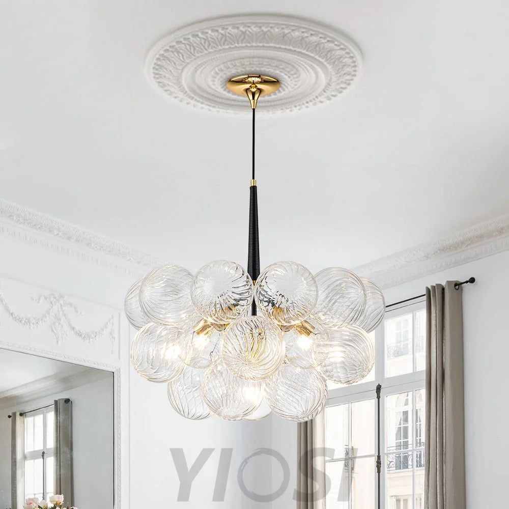 Modern Cluster Ribbed Glass Globe Bubble Chandelier