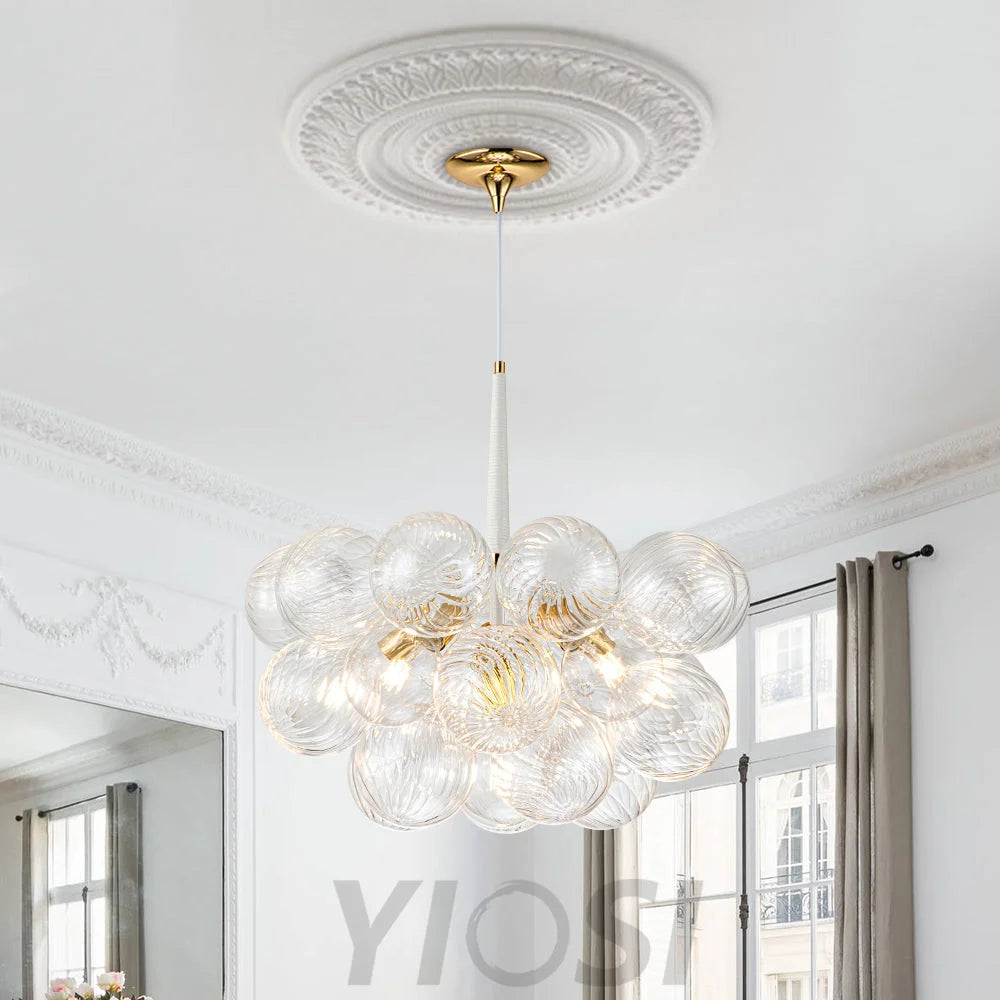 Modern Cluster Ribbed Glass Globe Bubble Chandelier