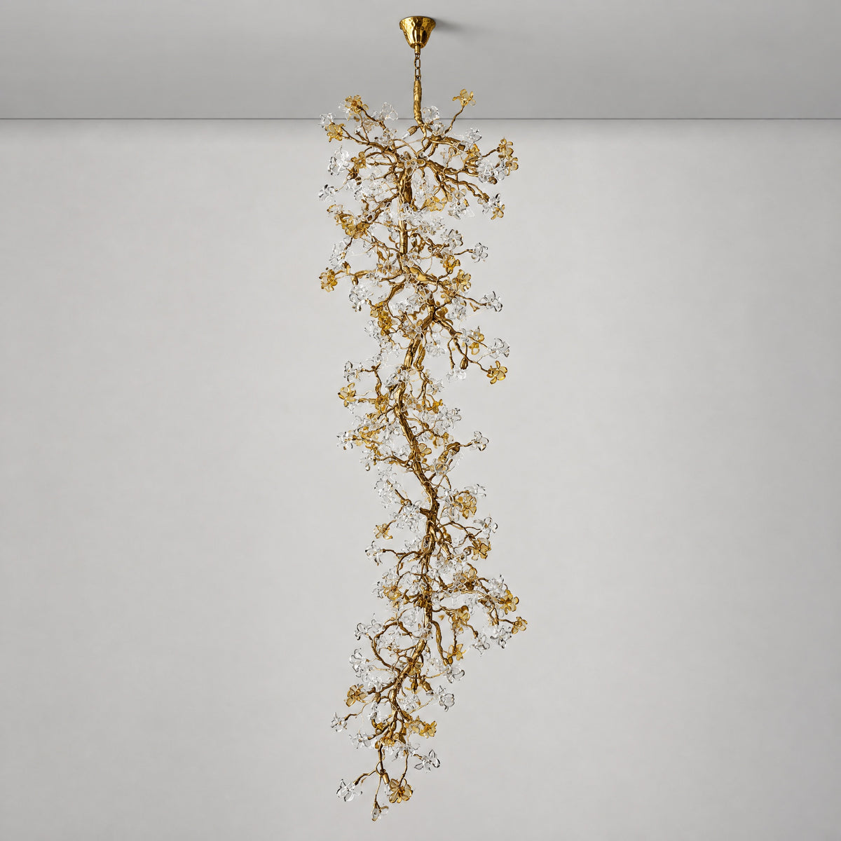 Gold Cascading Branch Chandelier with Crystal Glass Blossoms – lights off