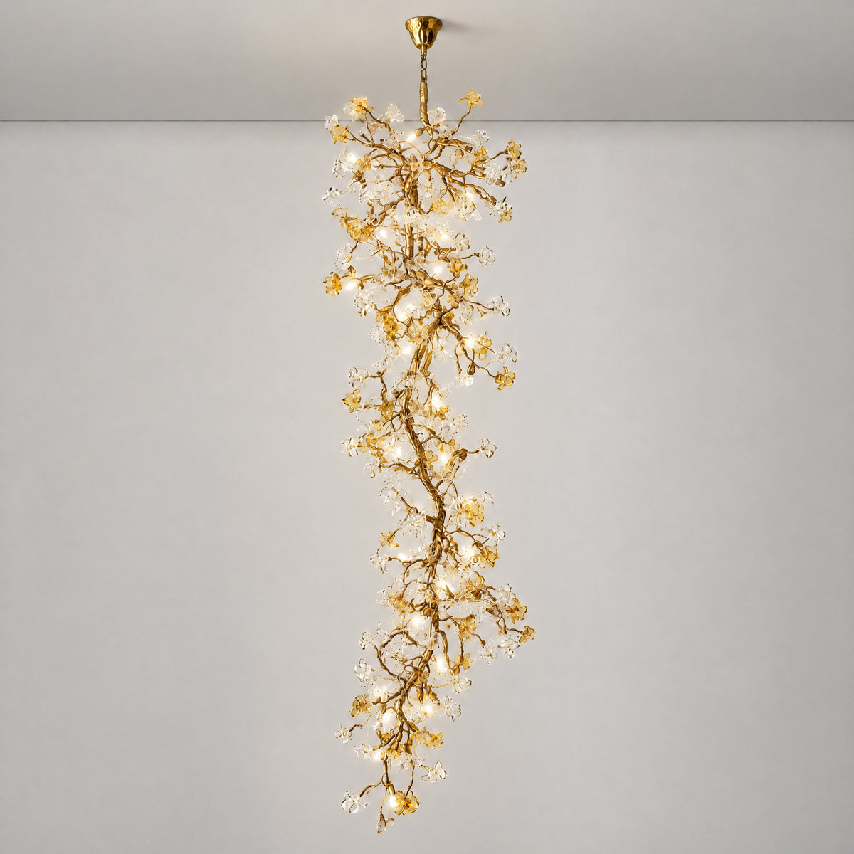Gold Cascading Branch Chandelier with Crystal Glass Blossoms – lights on