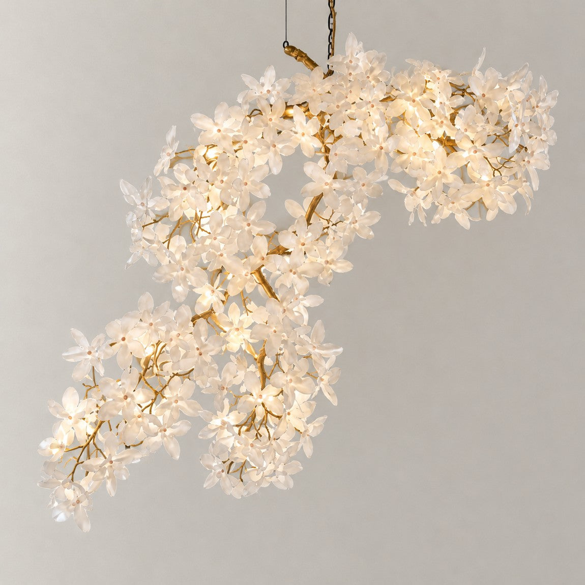 Gold Chandelier White Glass Flower Gold Metal 78.7"L × 78.7"W for Living Room on a light warm plaster wall