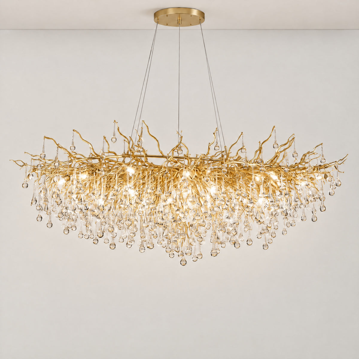 Gold Metal and Clear Crystal Teardrop Waterfall Chandelier – lights on