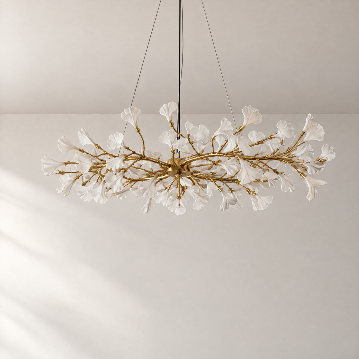 Gold Metal and White Floral Branch LED Chandelier – lights off