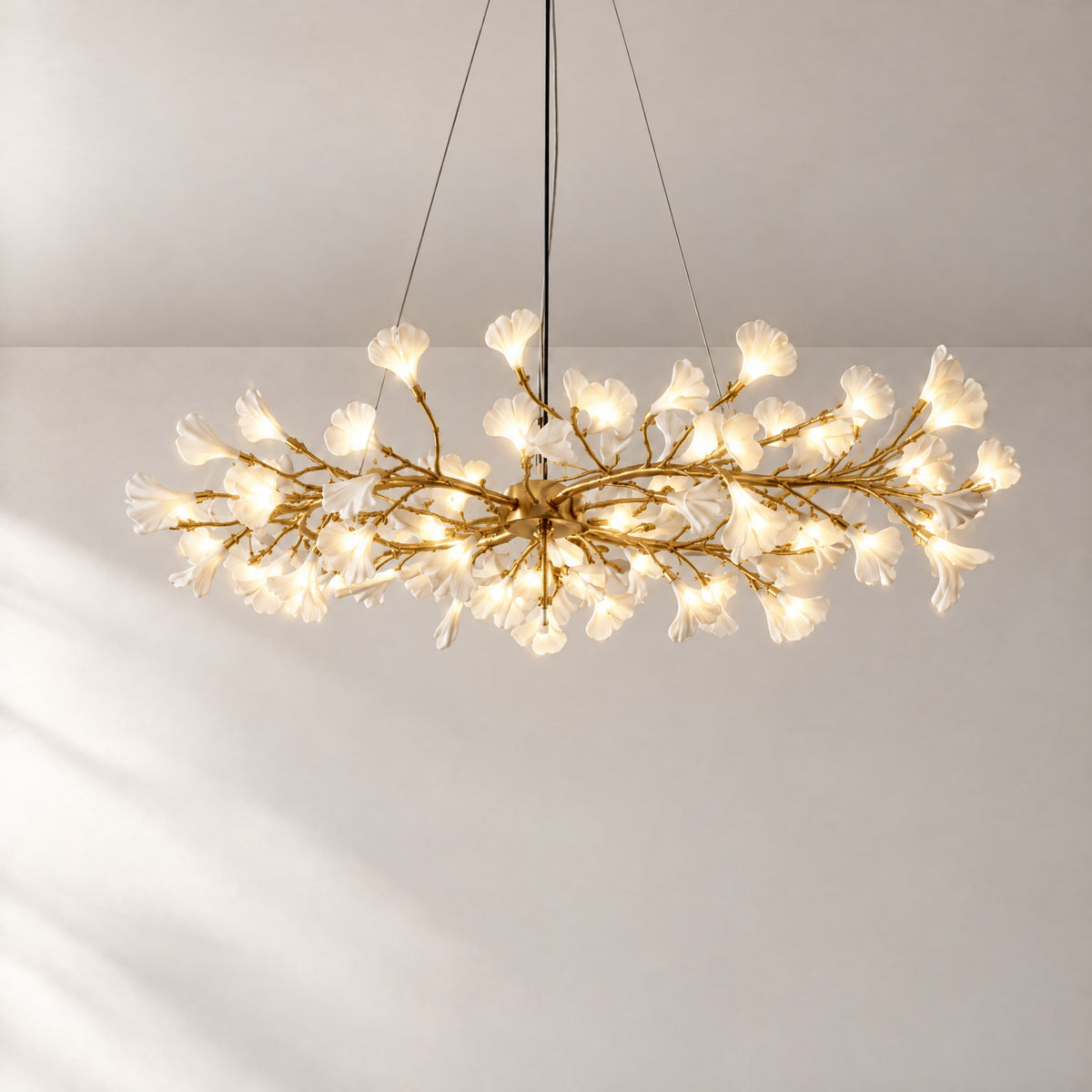Gold Metal and White Floral Branch LED Chandelier