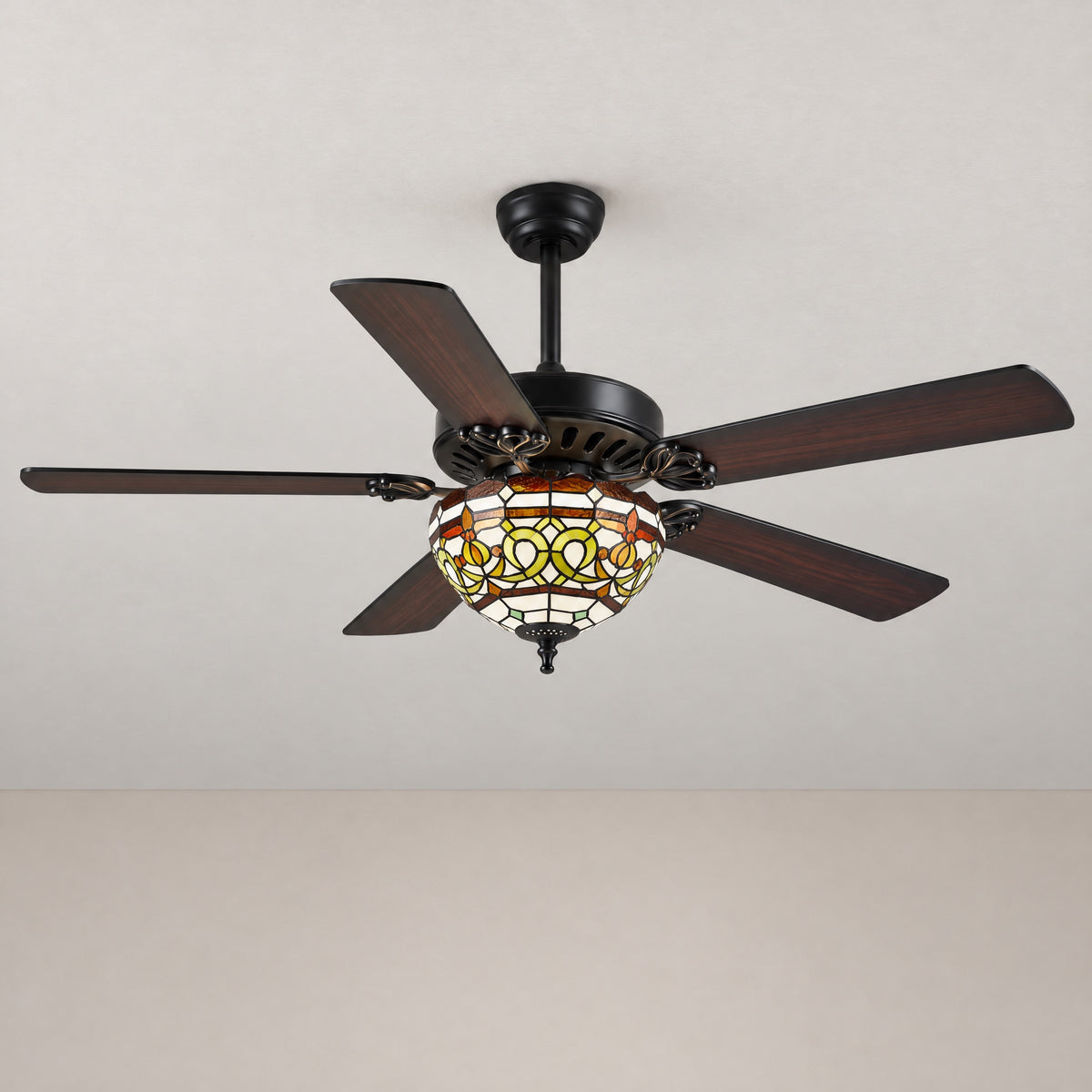 Gold Scroll Tiffany Stained Glass Dome Ceiling Fan – lights off