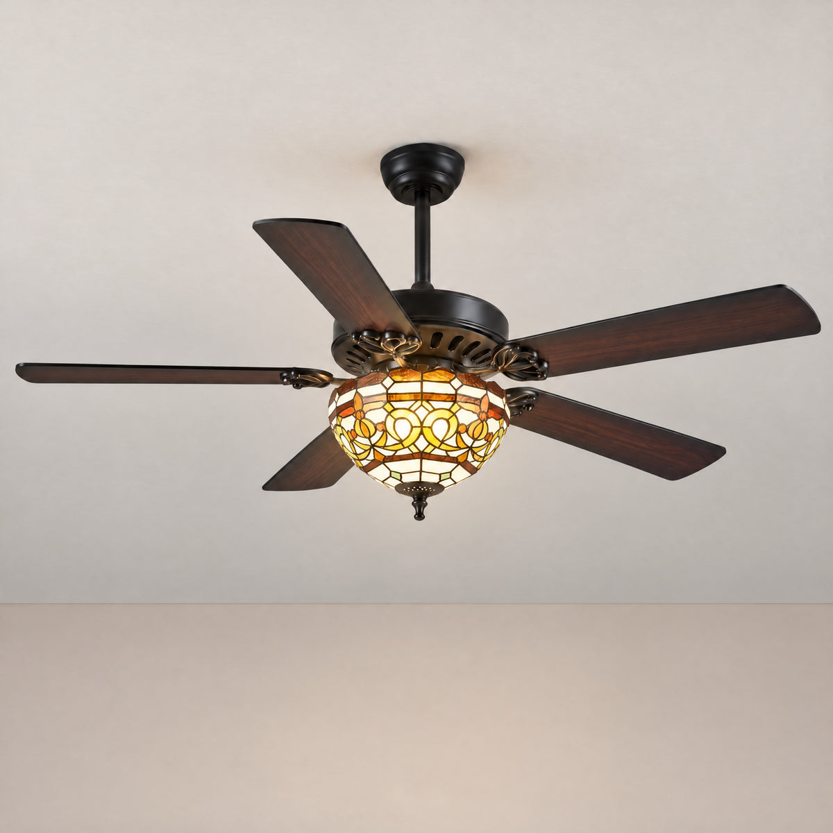 Gold Scroll Tiffany Stained Glass Dome Ceiling Fan – lights on