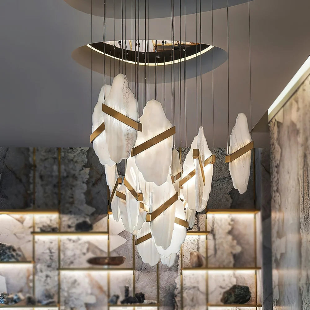 Auralith Gold-White Alabaster LED Chandelier with Seven Panels