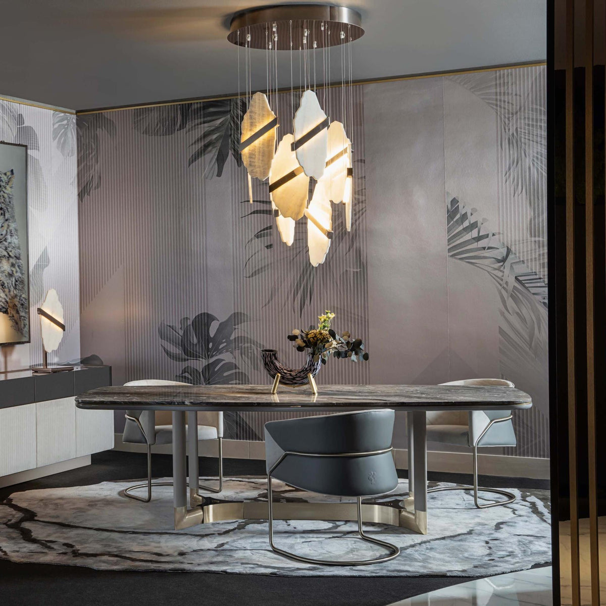 Auralith Gold-White Alabaster LED Chandelier with Seven Panels