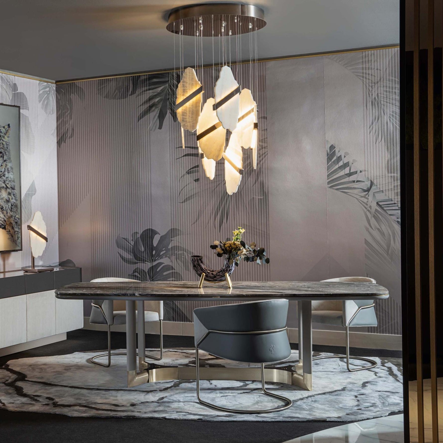 Auralith Gold-White Alabaster LED Chandelier with Seven Panels