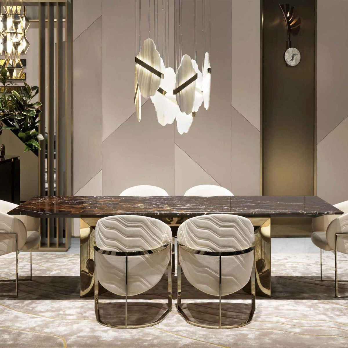 Auralith Gold-White Alabaster LED Chandelier with Seven Panels