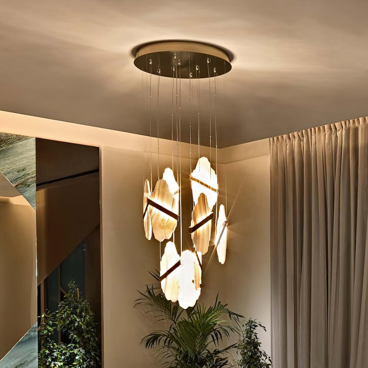 Auralith Gold-White Alabaster LED Chandelier with Seven Panels