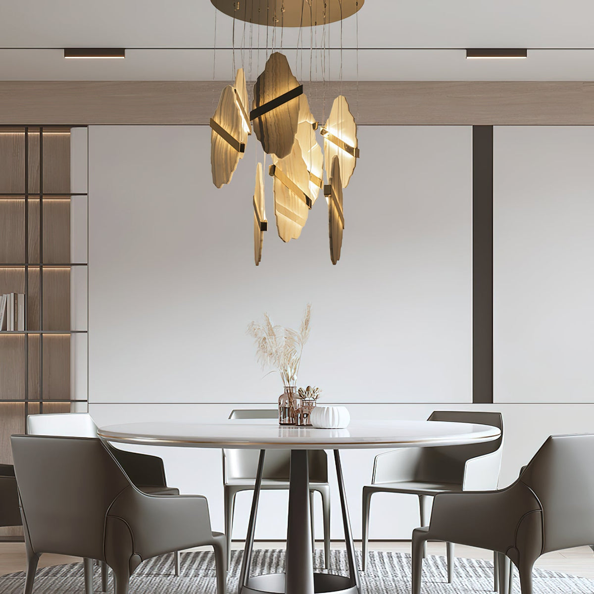 Auralith Gold-White Alabaster LED Chandelier with Seven Panels